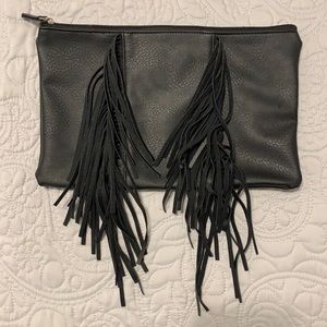 Black Faux Leather Fringe Clutch